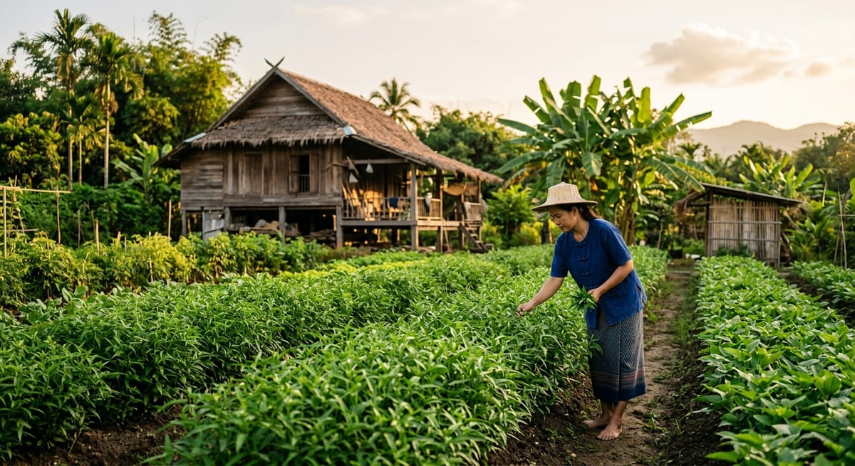 Cannabis farm in Thailand with tropical greenhouses and Thai agricultural landscape